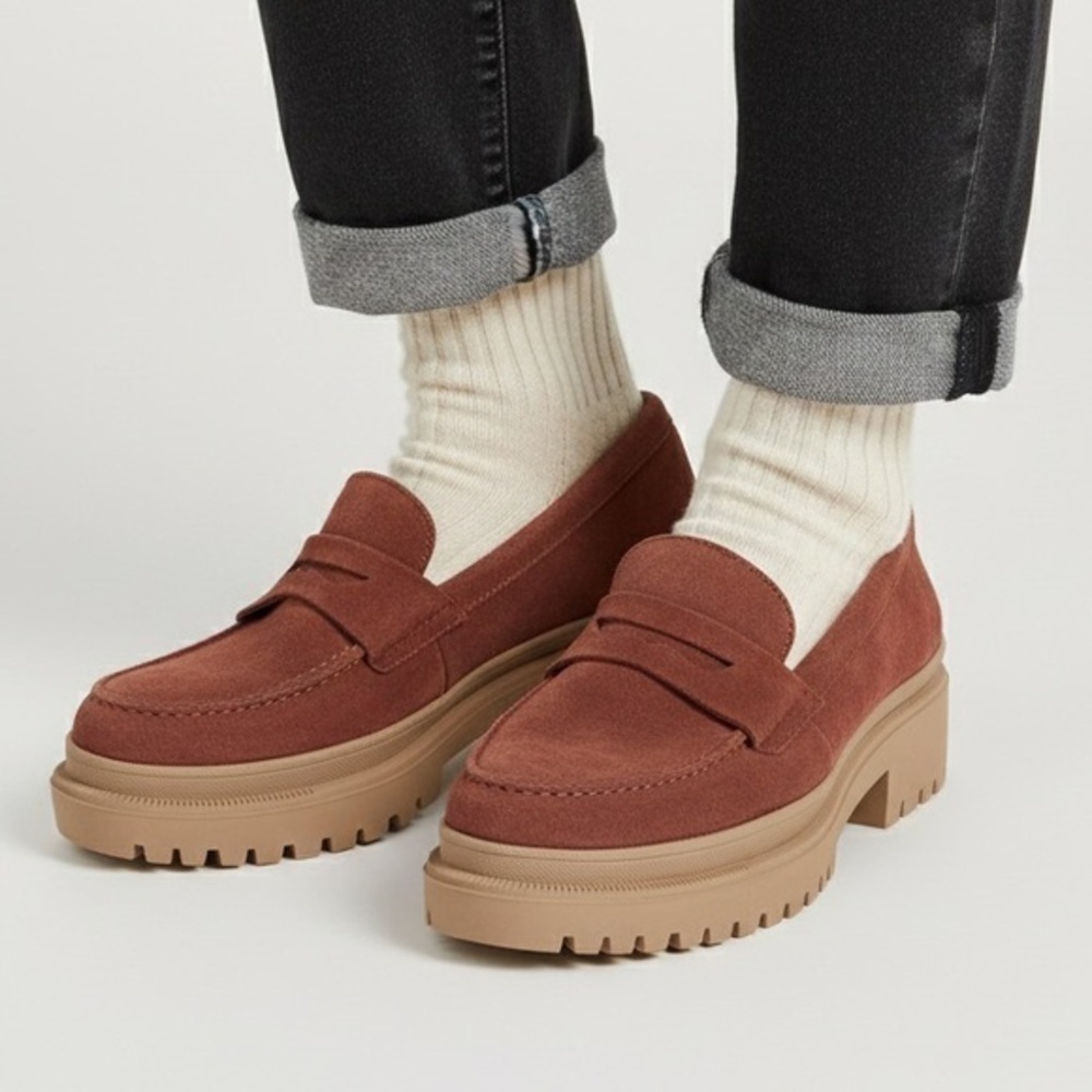 PORTLAND LEATHER Zoe Chunky Penny Loafer Lug Sole Suede in Rust